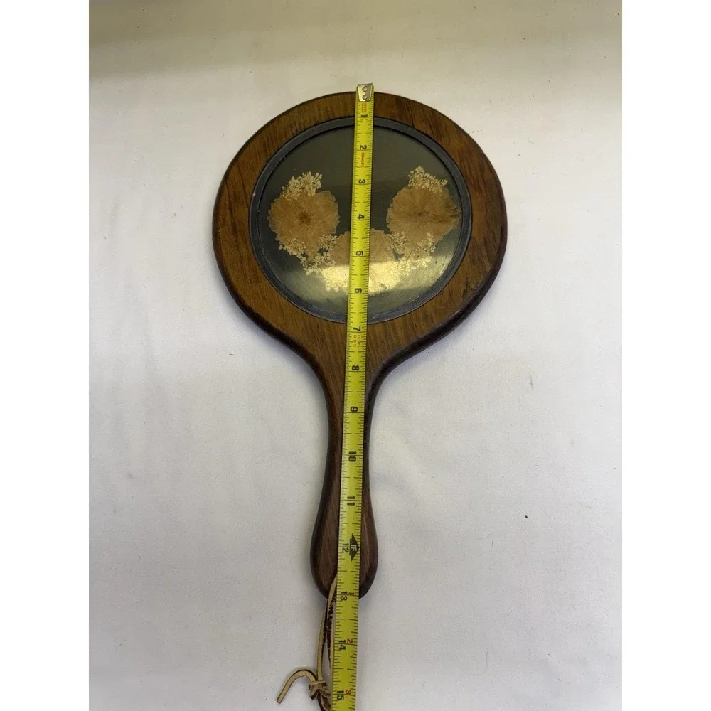 Wooden Hand Held Mirror W/ Pressed Flowers Round Vanity Dresser Handle